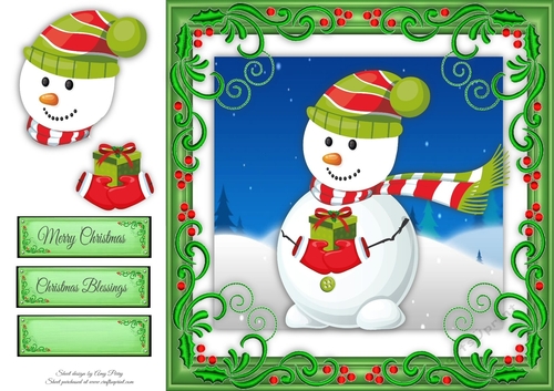 Snowman With Green & Red Stripe Scarf 8x8