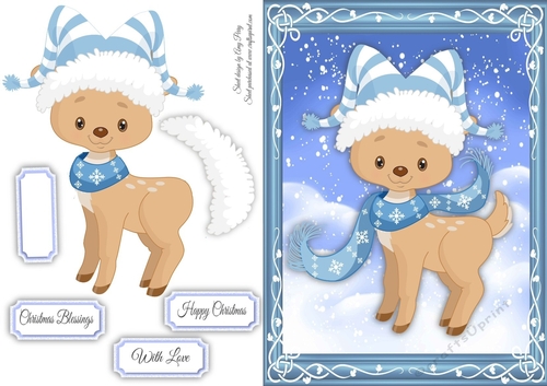 Gorgeous Reindeer With Blue & White Stripe Hat 