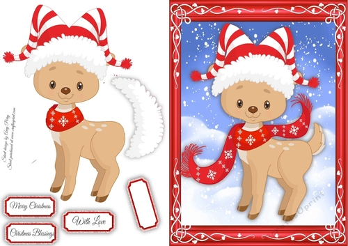 Gorgeous Reindeer With Red & White Stripe Hat 