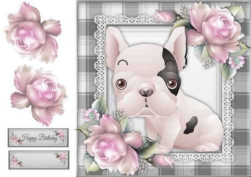 Cute French Bull Dog With Pink Roses 8x8