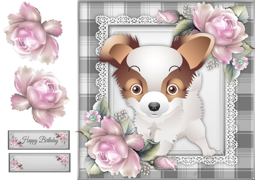 Cute Brown & White Fuzzy Puppy With Pink Roses 8x8