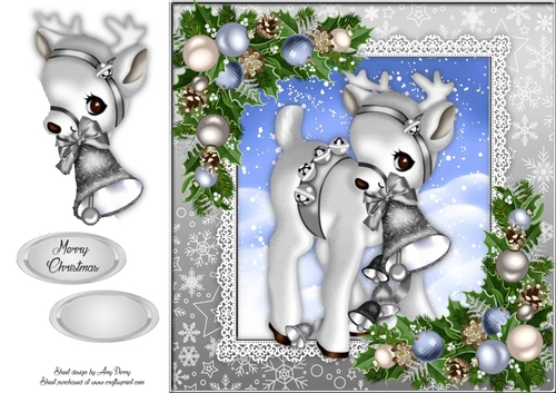 Gorgeous Silver Reindeer With Bells 8x8