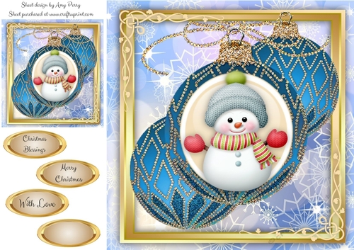 Beautiful Blue Glitter Baubles With Snowman 8x8