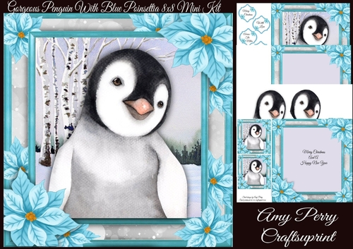 Gorgeous Penguin With Blue Poinsettia 8x8 Mini Kit