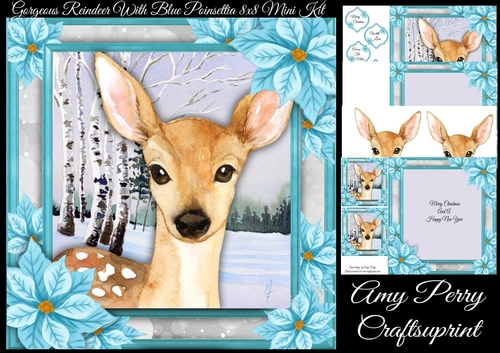 Gorgeous Reindeer With Blue Poinsettia 8x8 Mini Kit