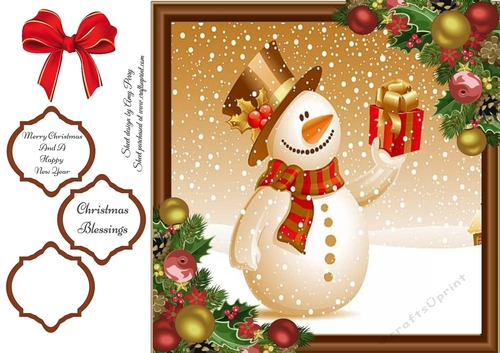 Golden Snowman With Present 8x8