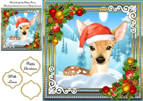 Beautiful Reindeer With Santa Hat 8x8