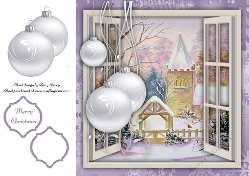 Beautiful Church Christmas Scene With Silver Baubles 8x8