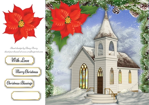 Beautiful Christmas Church With Red Poinsettia 8x8