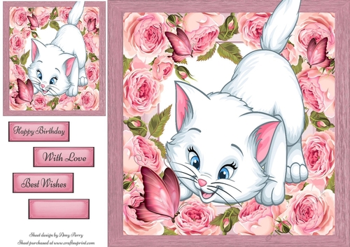 Cute White Cat Playing With Butterflies 8x8