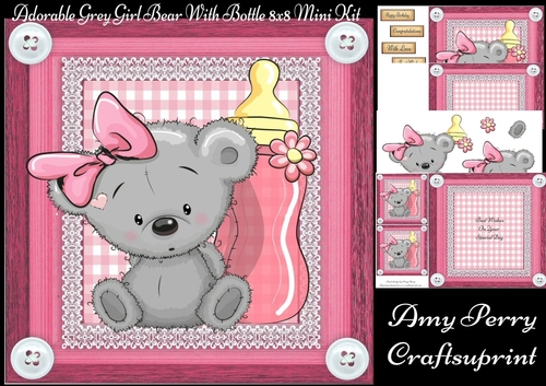 Adorable Grey Girl Bear With Bottle 8x8 Mini Kit