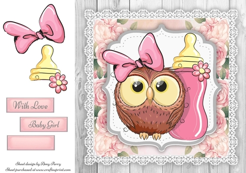 Beautiful Pink Owl With Bottle  8x8