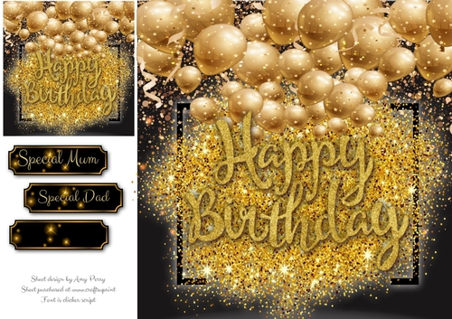 Gold Happy Birthday With Balloons 8x8