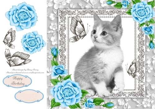 Gorgeous Grey Kitten With Blue Roses 8x8