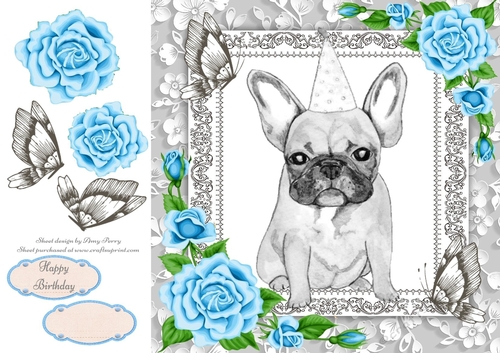 Gorgeous Grey DogWith Blue Roses 8x8