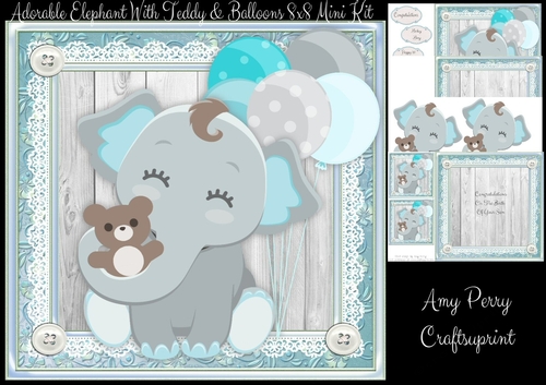 Adorable Elephant With Teddy & Balloons Blue 8x8 Mini Kit