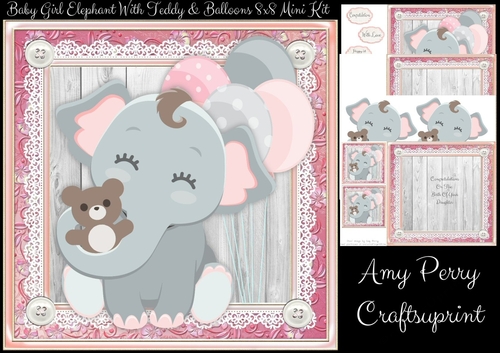 Baby Girl Elephant With Teddy & Balloons Blue 8x8 Mini Kit