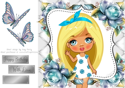 Pretty Blonde Girl With Blue Flowers 8x8