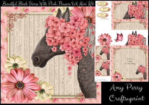 Beautiful Black Horse With Pink Flowers 8x8 Mini Kit