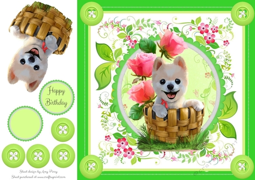Cute Dog In A Basket With Flowers 8x8
