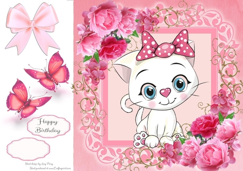 Gorgeous White Kitten In Pink Roses 8x8