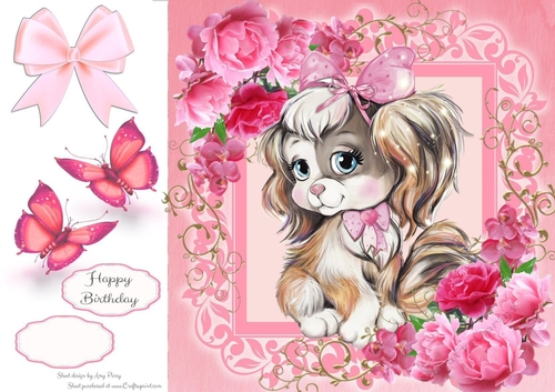 Gorgeous Fluffy Puppy In Pink Roses 8x8