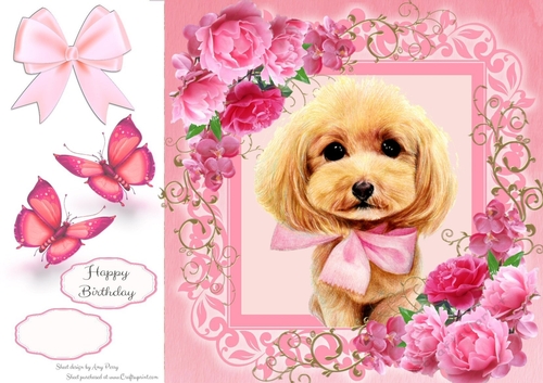 Gorgeous Brown Dog With Bow In Pink Roses 8x8