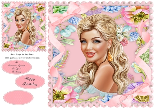 Beautiful Blonde Lady With Pink Flowers 8x8