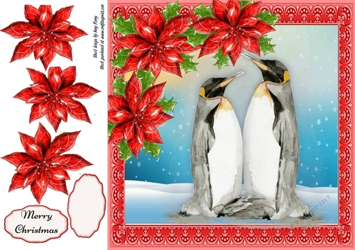 Gorgeous Penguins With Red Poinsettias 8x8