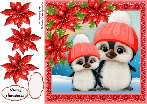 Gorgeous Two Penguins In Bobble Hats With Red Poinsettias 8x8