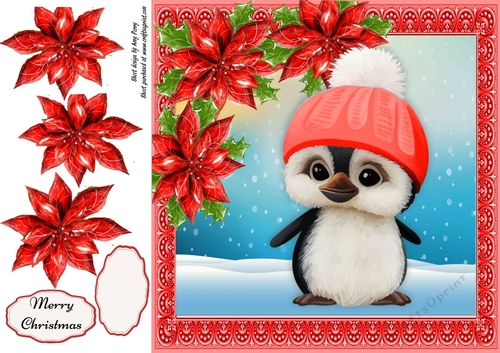 Gorgeous Penguin In A Bobble Hat With Red Poinsettias 8x8