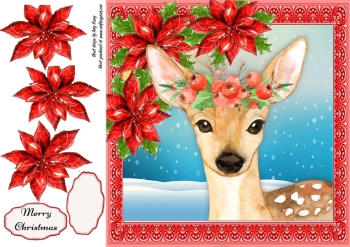 Gorgeous Deer With Red Poinsettias 8x8