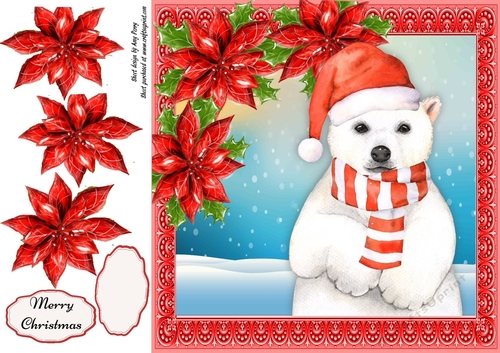 Gorgeous Polar Bear With Red Poinsettias 8x8