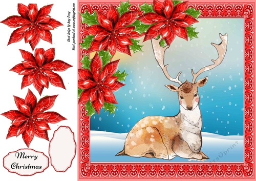 Gorgeous Reindeer 2 With Red Poinsettias 8x8