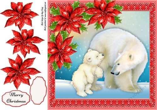 Gorgeous Polar Bear Family With Red Poinsettias 8x8
