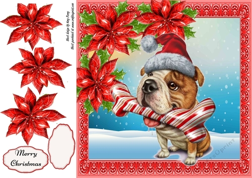 Gorgeous Christmas Dog And Bone With Red Poinsettias 8x8