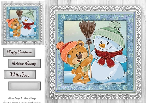 Gorgeous Bear with Snowman 8x8