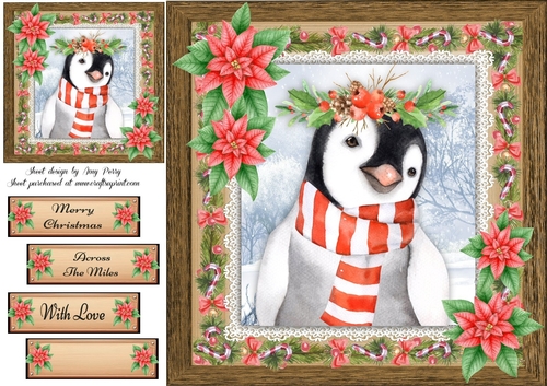Gorgeous Festive Penguin With Red Flowers 8x8