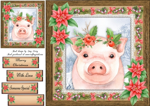 Gorgeous Festive Pig With Red Flowers 8x8