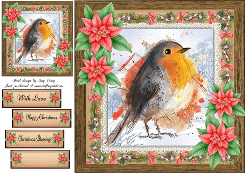 Gorgeous Festive Robin With Red Flowers 8x8