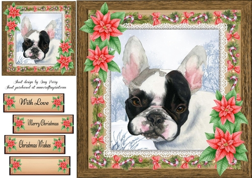 Gorgeous Festive French Bull Dog With Red Flowers 8x8