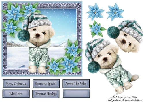 Gorgeous Dog In Bobble Hat With Blue Flowers 6x6 