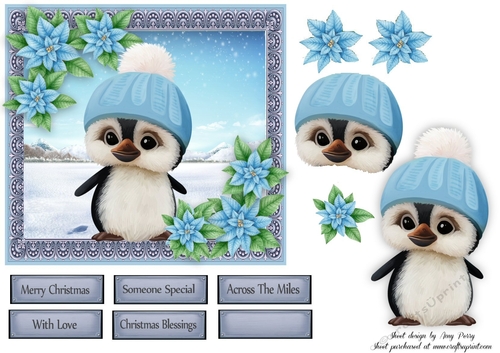 Gorgeous Penguin In A Bobble Hat With Blue Flowers 6x6 