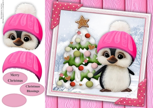 Gorgeous Penguin With Pink Bobble Hat 8x8