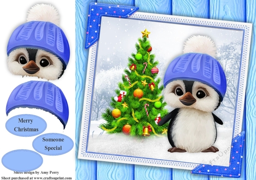 Gorgeous Penguin In Blue Bobble Hat  8x8