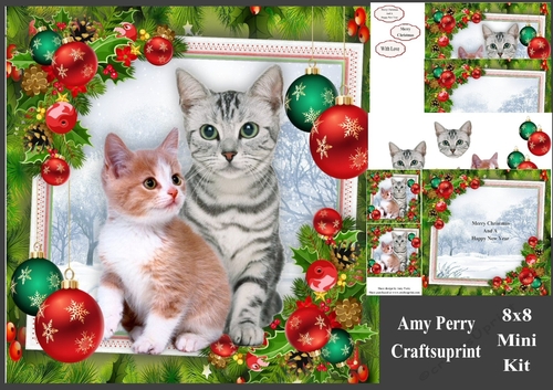 Gorgeous Cats With Red & Green Baubles 8x8 Mini Kit