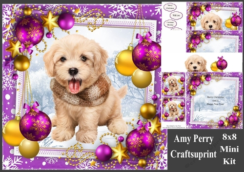 Gorgeous Fluffy Dog With Purple & Gold Baubles 8x8 Mini Kit