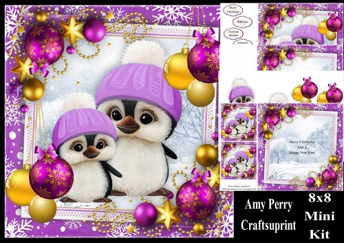 Gorgeous Penguins With Purple & Gold Baubles 8x8 Mini Kit