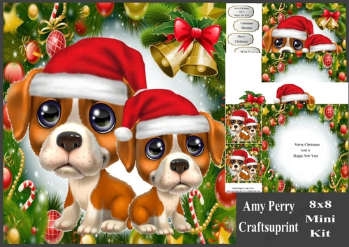 Cute Brown & White Dogs In Santa Hats 8x8 Mini Kit