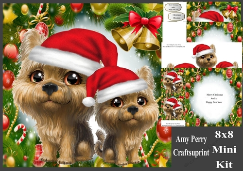 Cute Brown Terriers In Santa Hats 8x8 Mini Kit